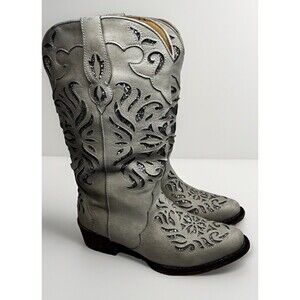 Roper Women’s Riley Glitz Cowboy Boots White Silver Glitter Cutout Snip Toe 7